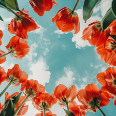 Poster - A vibrant image of red tulips shot from below against a blue sky with white clouds, emphasizing the beauty and freshness of spring.