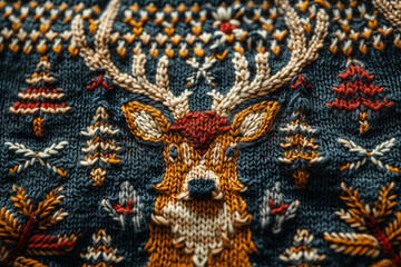 Wall Mural - Knitted texture of a New Year's sweater with deer and Christmas trees, top view background