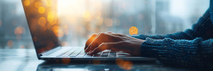 Business woman hands typing on laptop computer keyboard, surfing the internet at the office with copy space for web banner, Woman worker and business concept.