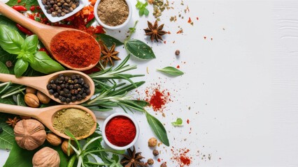 a food background featuring spices, herbs, and a utensil on a white background