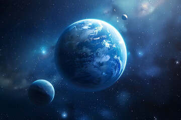 a blue planet surrounded by moons and mysteries in the deep space, blue, space, mysteries, moons