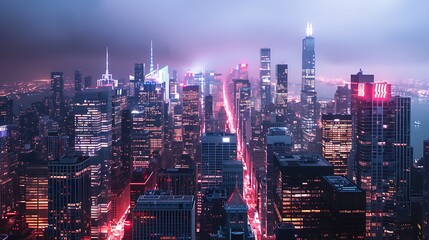 Wall Mural - A skyline of skyscrapers with flashing lights