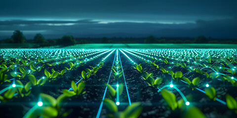 Wall Mural - nighttime view of smart farm with digital grid overlay enhancing crop rows. concept smart farming, d