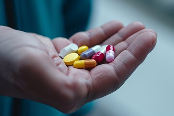 Wall Mural - A person tightly grips a handful of pills in their hand, showcasing the importance of medication and healthcare, Scene inside a pharmacist's palm holding different types of opioid pills, AI Generated