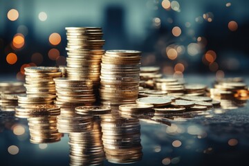 Double exposure of city and rows of coins for finance and banking concept