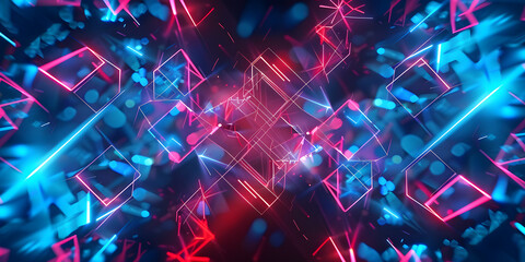 Wall Mural - Neon red and blue geometric shapes on black base glowing particles light effects background, particles, shapes, blue, base, light, geometric, black, background