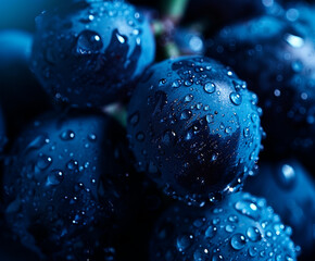 Wall Mural - Bunch of black grapes with drops of water on a dark background. Moon light