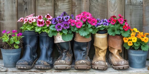 Canvas Print - a row of boots with flowers in them