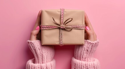 A beautifully wrapped gift held in hands wearing a cozy pink sweater against a pink background