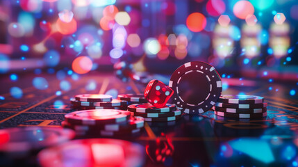 Wall Mural - Close-up of gambling chips on a dark table in neon light. Gambling concept. Vibrant atmosphere.