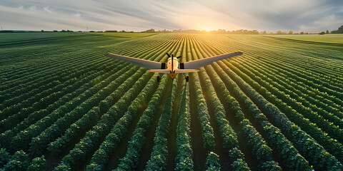 Sustainable aviation fuel enables net zero emissions flight above soybean farm. Concept Sustainable Aviation Fuel, Net Zero Emissions, Flight, Soybean Farm, Environmental Impact