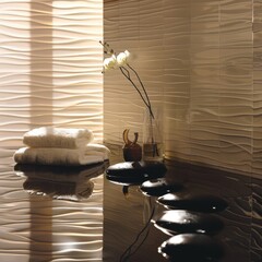 Wall Mural - A serene spa setting featuring a stack of white towels, an orchid, and smooth black stones on a reflective surface, creating a calming and luxurious ambiance.