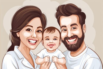 Sticker - Cartoon family with baby warm colors flat design highlighting joy and togetherness in a playful modern setting