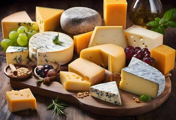 A large cheese plate with various types of delicious cheese and grapes, lies on a wooden table