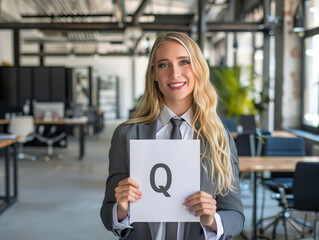 Wall Mural - A woman is holding a white sign that says Q.