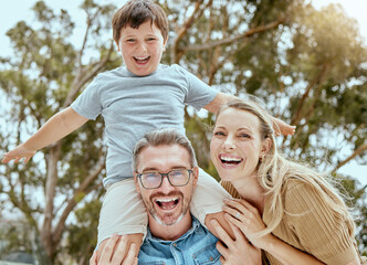 Wall Mural - Portrait, parents and child on shoulder outdoor for playful game, family bonding and support of love in backyard. Smile, woman and man with boy for trust, security and care for hug together in nature