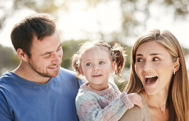 Canvas Print - Happy, park and parents with child for playing for fun, bonding and playful relationship. Family, nature and excited mom, dad and girl for adventure outdoors for care, love and support on weekend