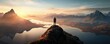 © AIsofeel - Silhouette of a lone figure standing on a mountain peak overlooking a serene valley at sunrise.