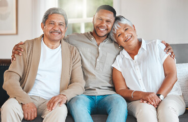 Poster - Family, face and happiness in living room on sofa for bonding, relax and visit together on weekend. Parents, man and portrait with smile in house on couch for love, care and relationship support