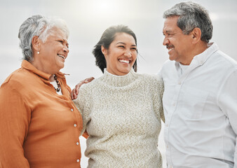 Poster - Senior parents, daughter and hug on beach for trust, outdoor bonding and family connection with care. Woman, elderly mom and dad with embrace for ocean holiday, love and travel adventure in nature