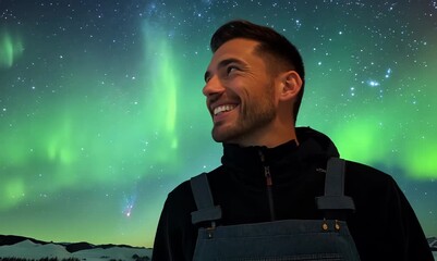 Wall Mural - Medium shot portrait video of a grinning man in his 30s that is wearing a trendy jumpsuit against a spectacular natural phenomenon like the northern lights background