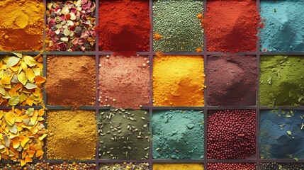 A vibrant assortment of spices organized in a grid pattern, showcasing a variety of colors and textures. Perfect for culinary enthusiasts, food photography, and spice market themes.