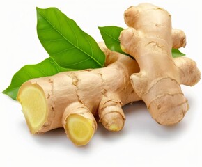 raw ginger root and leaves on a white background