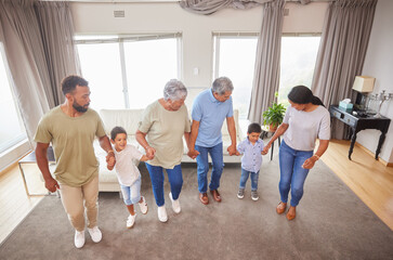 Sticker - Family, dance and fun in home while holding hands for bonding, support or people playing game. Grandparents, parents and children in living room for birthday party, celebration or learning with music