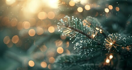 Wall Mural - Pine Branch With Sparkling Lights and Snow