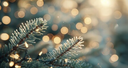 Wall Mural - Pine Branch With Sparkling Lights and Snow