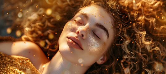 A beautiful woman with curly blonde hair, lying down on her back in golden , eyes closed and smiling as she looks up at the sky