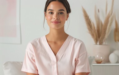 Wall Mural - Woman Sitting Indoors in Pink Shirt