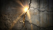 © Adisorn - A dimly lit cracked wall with a beam of light shining through a fissure, revealing a deeper crack with a faint hand-like shape reaching for the light.