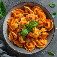 Wall Mural - Delicious tortellini pasta with tomato sauce and fresh basil leaves. Top view of Italian cuisine. Perfect for food lovers and culinary enthusiasts. High-quality close-up of a tasty meal. AI