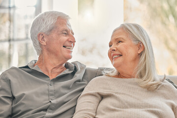 Poster - Senior couple, home and happy in living room on sofa for bonding, love and support. People, relationship and smile as pensioner for retirement on couch to relax, break and respect for care as lovers