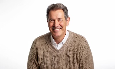 Canvas Print - Medium shot portrait video of a satisfied man in his 50s that is wearing a cozy sweater against a white background