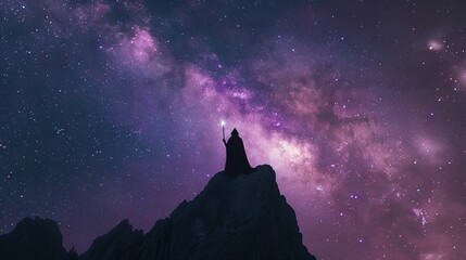 Silhouette of a wizard standing atop a mountain, holding a glowing staff under a purple night sky filled with stars and the Milky Way. A mystical and enchanting scene.