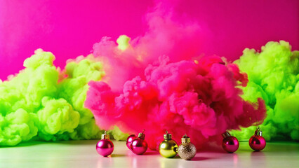 Wall Mural - Pink and Green Smoke with Christmas Ornaments