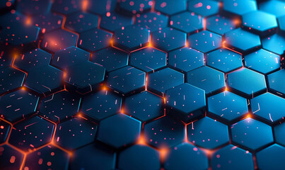 Poster - Digital Hexagon Abstract Background with Sci-Fi Neon Lights and Tech Patterns, Futuristic Technology Concept for Innovation and Data Visualization, Blue and Orange Color Theme