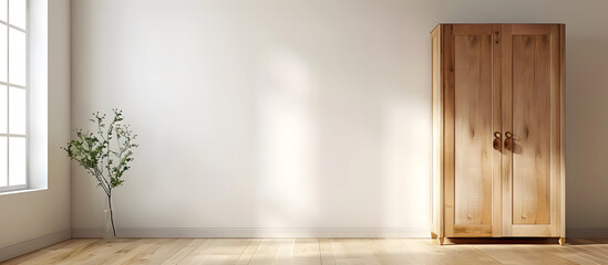 Minimalist apartment interior with a wooden wardrobe, doorway, white wall, and a blank space for an image