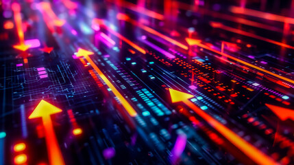 Wall Mural - Dynamic neon arrows and lines in a vibrant digital landscape, representing technology, data flow, and innovation.