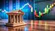 © Anchalee - A miniature bank model sits confidently on a polished wooden table, set against a dynamic stock market background with scrolling tickers.