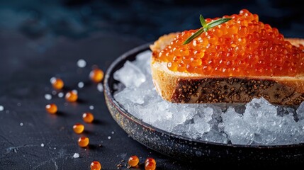 Poster - Pike caviar on ice with toast on a plate against a dark background