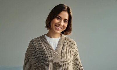 Wall Mural - Lifestyle portrait video of a grinning woman in her 30s wearing a chic cardigan against a minimalist or empty room background