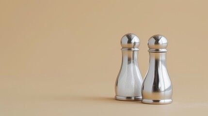 A pair of stainless steel salt and pepper shakers are showcased against a beige background. Their polished finish and elegant design add a sophisticated touch to any kitchen or dining setting.