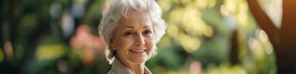 Sticker - A woman with white hair is smiling in a park. She is wearing a brown jacket and a brown shirt