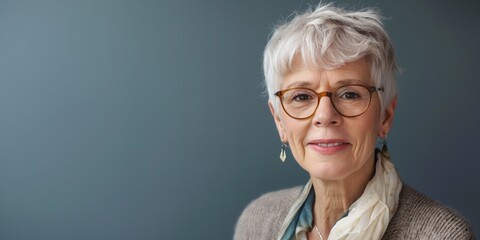 Sticker - A woman with glasses and a scarf is smiling. She is wearing a white scarf and a blue shirt