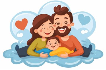 Poster - Happy family with parents and baby illustration vibrant colors joyful expressions cute cartoon style cozy atmosphere digital art heartwarming scene bonding love and joy