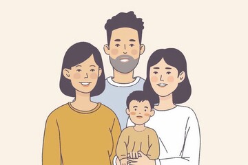 Family portrait with parents and children warm colors loving expressions cozy atmosphere digital art heartwarming scene bonding affection cute cartoon style pastel hues