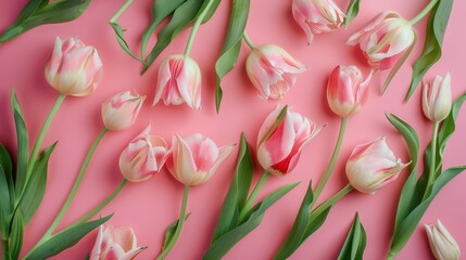 Canvas Print - Tulips on pastel floral backdrop Top view flat lay for Women s Day spring and summer